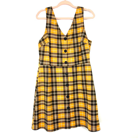 New Look Mustard/Black/White Plaid Button Up Jumper Dress- Size 16