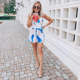 No Brand White Pink/Green Leaf Criss Cross Back Romper- Size S