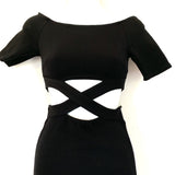Solemio Black Off the Shoulder Criss Cross Front Form Fitting Dress with Exposed Back- Size S (see notes)