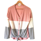 Bibi Pink/White/Grey Stripe Waffle Knit Tie Front Long Sleeve Top- Size S