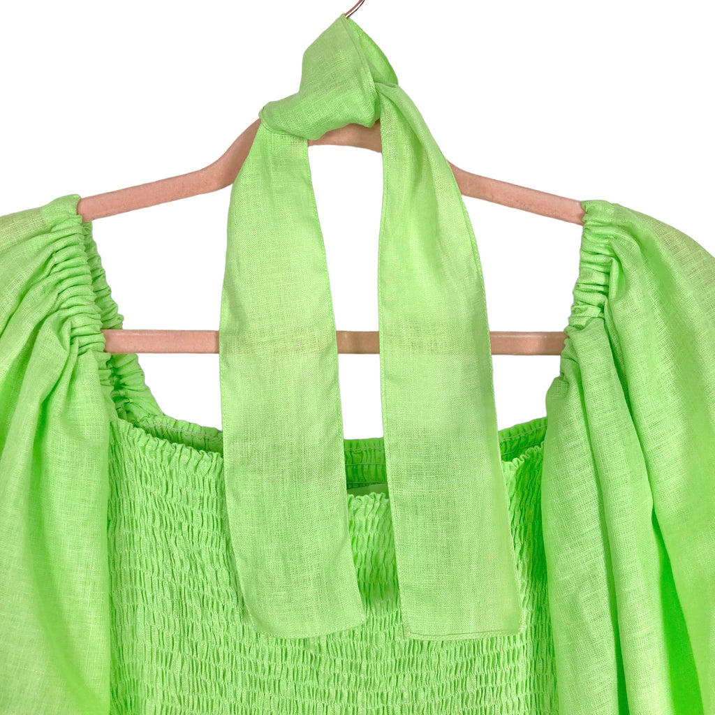 Sleeper Neon Green Linen Smocked Bodice Sleeper Dress with Matching Ha The Saved Collection Sleeper Neon Green Linen Smocked Bodice Sleeper Dress with Matching Ha The Saved Collection