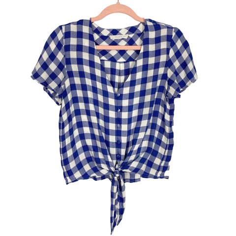 Elodie Blue Gingham Button Up Front Tie Top- Size S
