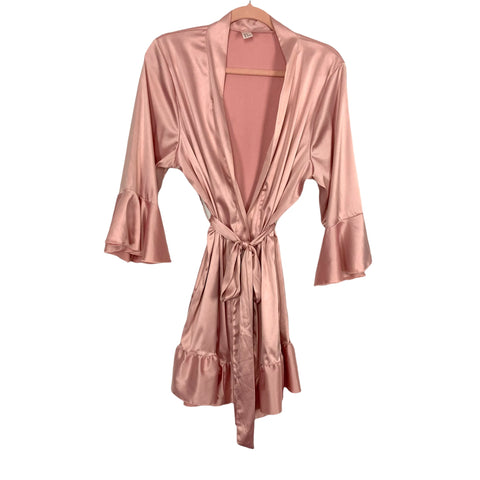 No Brand Blush Silky Robe with Ruffle Sleeves and Hemline- Size M