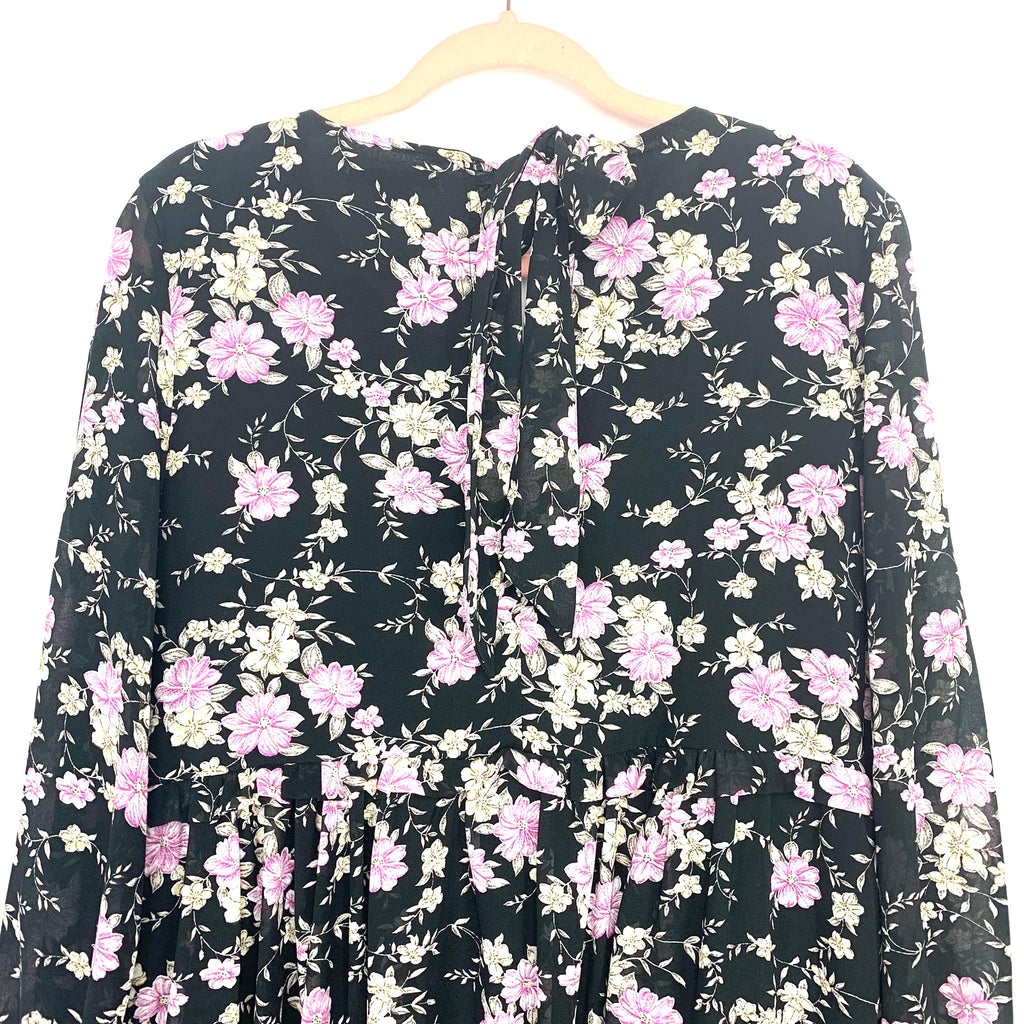 American Eagle Black Floral Bubble Sleeve Ruffle Waist Tie Back Dress- The Saved Collection American Eagle Black Floral Bubble Sleeve Ruffle Waist Tie Back Dress- The Saved Collection