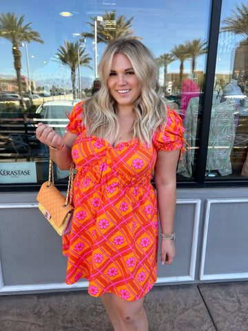 Show Me Your Mumu x Barbie Orange/Purple/Yellow Daisy Print Linen Dress- Size XL (sold out online)