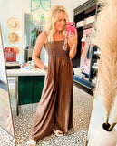 No Brand Brown Tie Straps Smocked Bodice Wide Leg Jumpsuit- Size S (see notes)