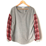 Umgee Long Sleeve Grey with Red Plaid Bubble Sleeve Top- Size S
