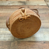 No Brand Round Rattan Leather Strap Bow Closure Crossbody Bag NWT
