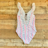 Lilly Pulitzer Pink Stripes and Blue Floral Ruffle and Straps Padded One Piece- Size 6