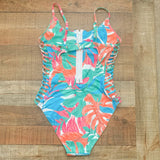 Sunsets Floral Zipper Front and Side Cut Out One Piece- Size L