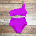 Beach Joy Fuchsia One Shoulder Scalloped Padded Top with High Waist Scalloped Bottom Bikini Set- Size S (sold as set)