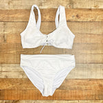 Meet Curve White Open Knit Overlay with Front Tie and Cut Outs Padded Bikini Top- Size XL (we have matching bottoms)