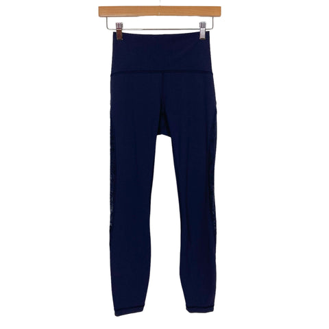 Lululemon Navy Lace Mesh Detail Leggings- Size 4 (Inseam 25.5”)