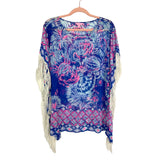 Lilly Pulitzer Blues and Pink Sheer Fringe Trim Cover Up- Size XS