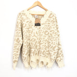 Main Strip Cream Leopard Zig Zag Hem Distressed V-neck Sweater NWT- Size S