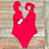 Beach Joy Red Ruffle Eyelet Trim One Piece NWT- Size S