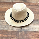 Sole Society Paper Straw Black Pom Pom Trim Hat