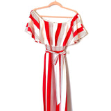 Main Strip Off the Shoulder Ruffle Belted Dress with Slit- Size S