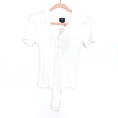 David Lerner Evereve White Ribbed Button Detail Thong Bodysuit NWT- Size S