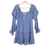 No Brand Blue Smocked with Puffed Juliet Sleeves Tiered Dress- Size M