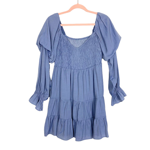 No Brand Blue Smocked with Puffed Juliet Sleeves Tiered Dress- Size M