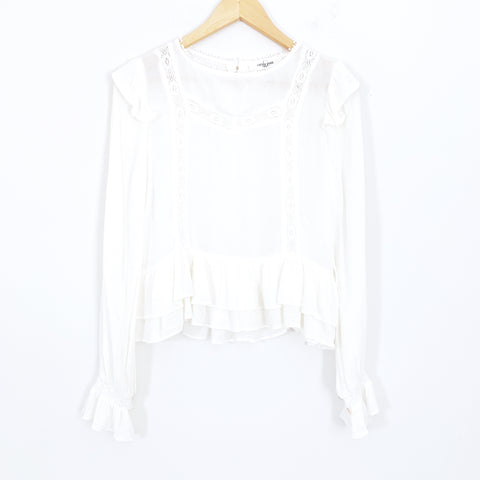 Carly Jean White Peasant Style Blouse with Ruffle Hem- Size S
