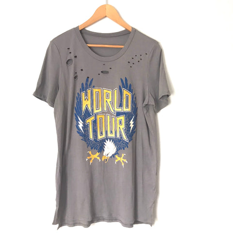 “World Tour” Grey Distressed Graphic Tee - Size S