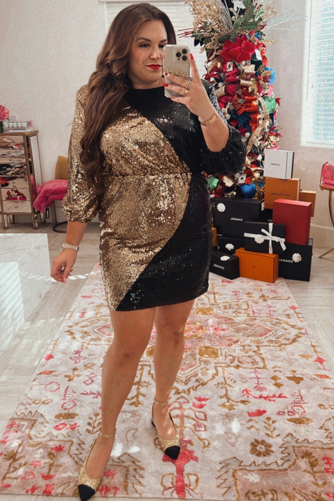 Eloquii Black/Gold Sequin Colorblock Mini Dress- Size 14 (sold out onl The Saved Collection Eloquii Black/Gold Sequin Colorblock Mini Dress- Size 14 (sold out onl The Saved Collection