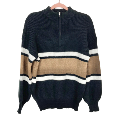 Goodnight Macaroon Black with White/Camel Striped Quarter Zip Pullover NWT- Size S