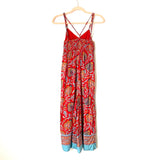 Anthropologie Red Floral Smocked Back Cropped Wide Leg Jumpsuit- Size XS