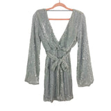 Hello Molly Silver Sequins Belted Exposed Back Dress NWT- Size S