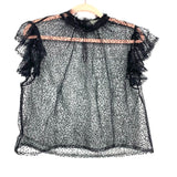 Sans Souci Black Sheer Sequin Mock Neck Ruffle Sleeve Top- Size L