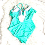 Fig Leaves Mint Plunge Neck Ruffle Padded One Piece- Size 16