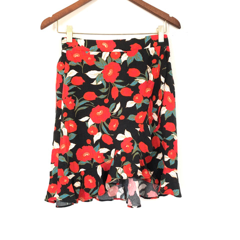 Gibson Red & Black Floral Faux Wrap Skirt- Size XS