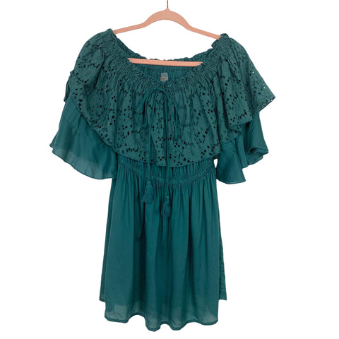 PQ Green Eyelet Ruffle Off the Shoulder Dress NWT- Size XS/S