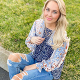 Entro Animal Print/Sheer Floral Sleeve Blouse- Size S