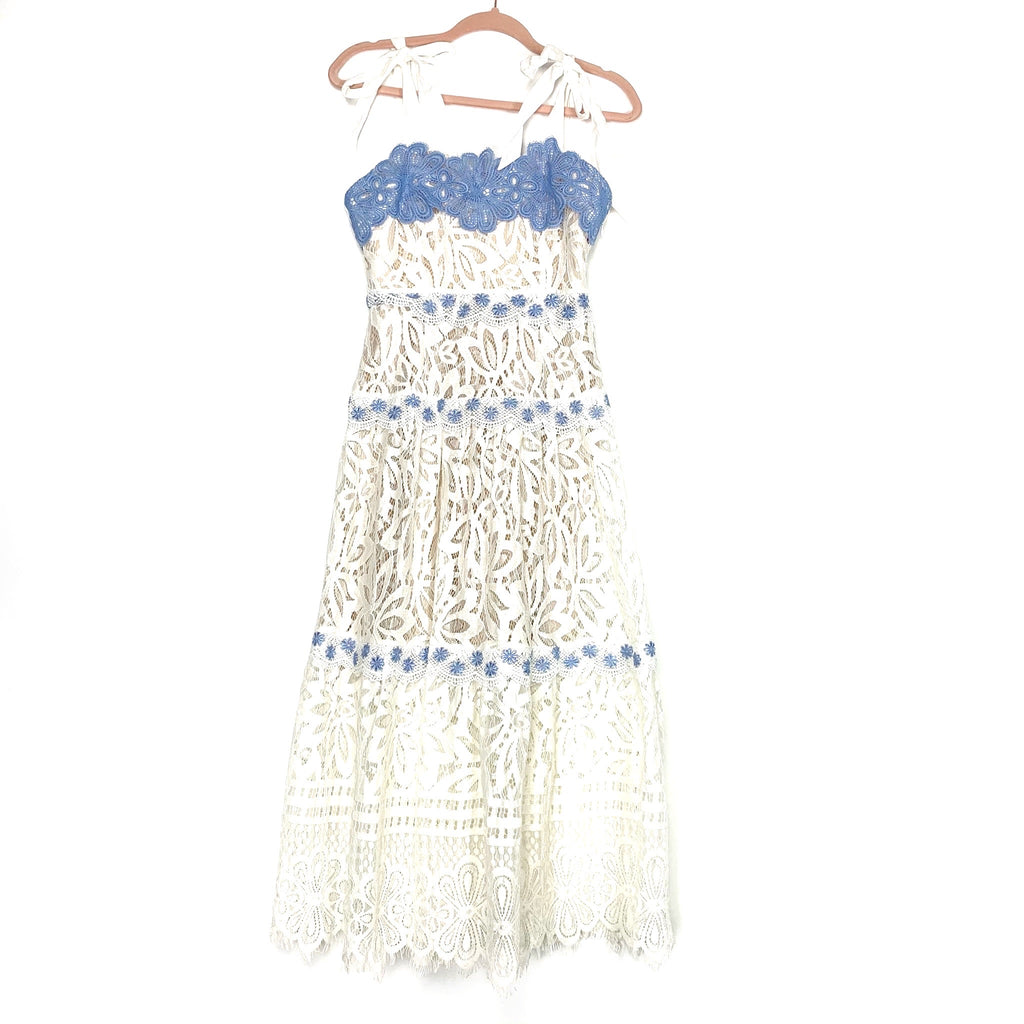 Foxiedox White/Blue Halina Lace Bow Tied Strap Midi Dress NWT- Size S The Saved Collection Foxiedox White/Blue Halina Lace Bow Tied Strap Midi Dress NWT- Size S The Saved Collection