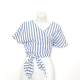 No Brand (H&M) Blue and White Linen Wrap Top- Size M (we have matching shorts)