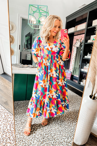 Briton Court Multi Color Floral Puff Sleeve Dress- Size XS (sold out online, see notes)