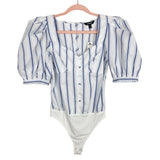 Express Blue/White Striped Button Front Puff Sleeve Thong Bodysuit NWT- Size S