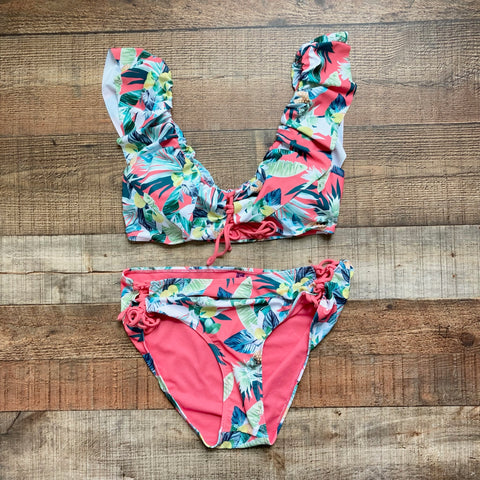 Vigoss Coral Palm Print Padded Ruffle Top and Side Tie Bikini Set- Size M (sold as set)