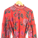 Flying Tomato Red Floral Dress with Smocked Sleeves and Mock Neck- Size S