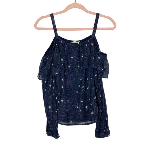 Floreat Navy with Silver Stars Cold Shoulder Ruffle Top- Size S