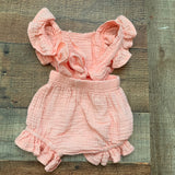 No Brand Baby Girl Pink Faux Drawstring Romper- Size ~0-3M (see notes)