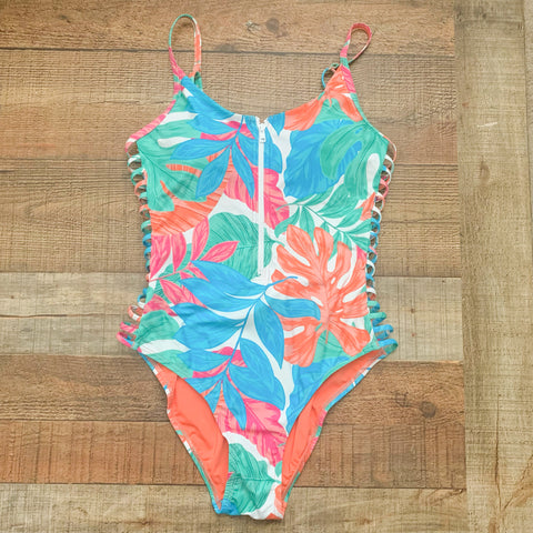 Sunsets Floral Zipper Front and Side Cut Out One Piece- Size L