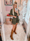 No Brand Tag (Amazon Brand Valphsio) Army Green Elastic Tie Waist with Ruffled Sleeves and Hem Romper- Size S