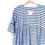 No Brand Blue and White Striped Babydoll Ruffle 3/4 Sleeve Top- Size ~M