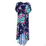 Beeson River Navy Floral Mock Wrap High Low Dress- Size 1XL