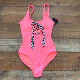 No Boundaries Pink With Animal Print Lace Up High Leg One Piece Swimsuit NWT- Size M