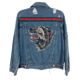 Michelle Roy Los Angeles AUTOGRAPHED Distressed Ribbon Trim with Sequins Wolf Applique Back Denim Jacket- Size S